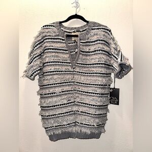 NWT Chaser hi low dolman grey knit woven short sleeve pullover sweater top